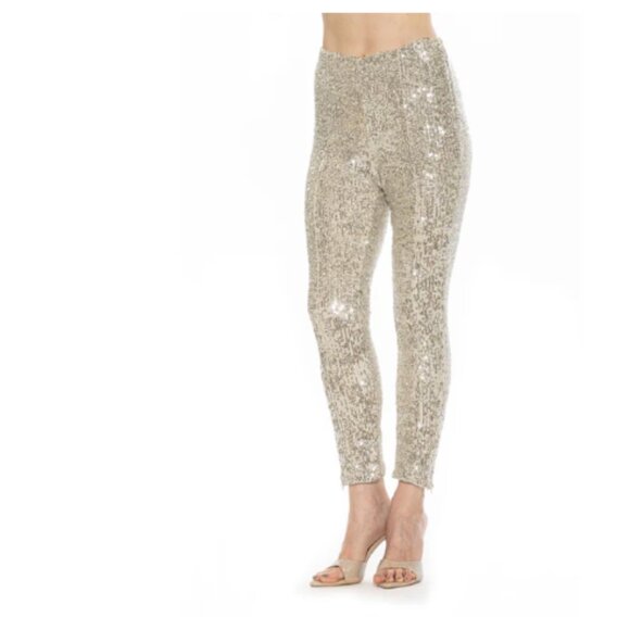Alexia Admor Holiday Gold Sequin High Waist Straight Leg Daena Leggings Size 10 - Picture 1 of 1